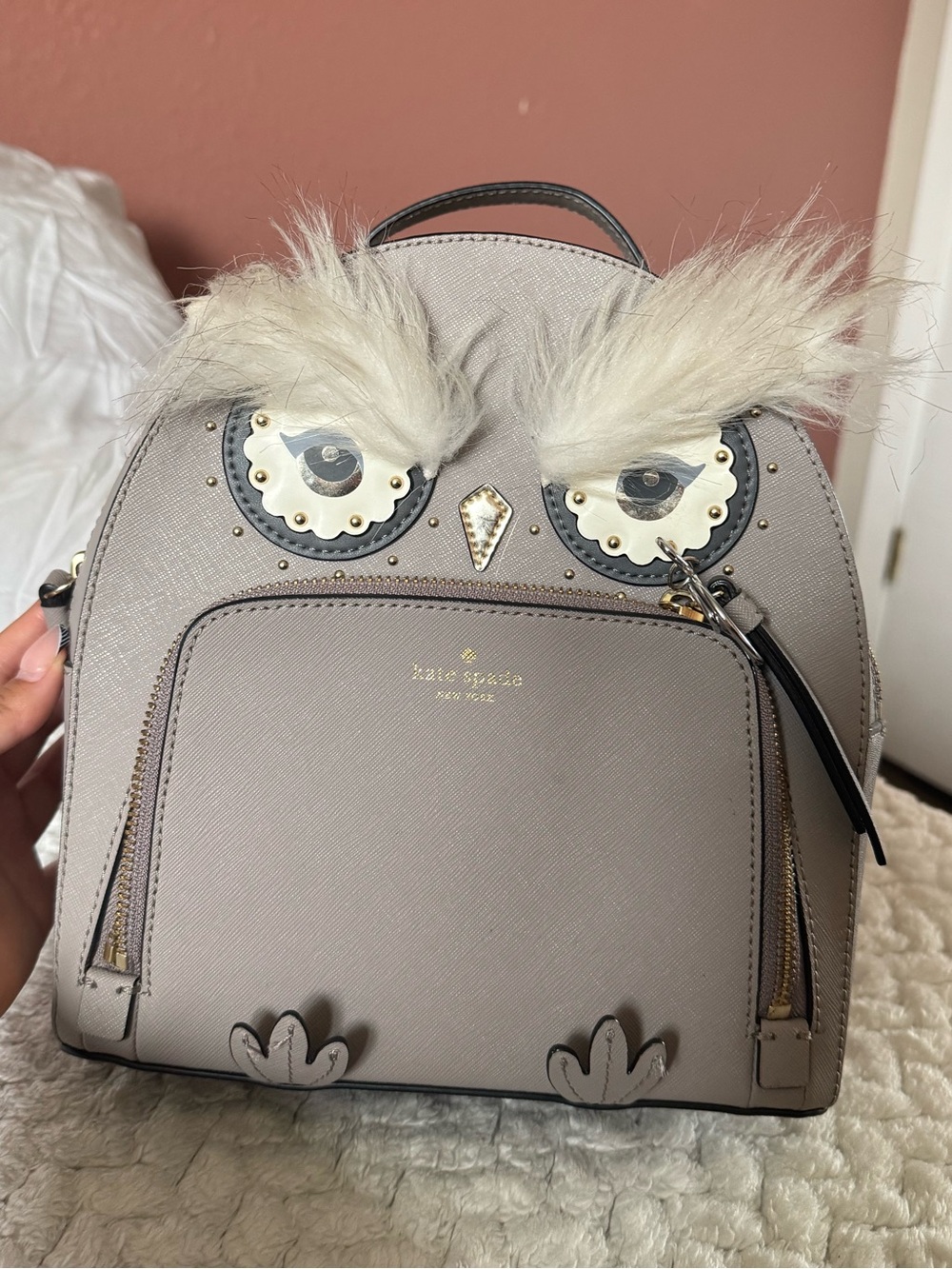 Kate Spade Star Bright Owl Tomi Backpack Gray Leather